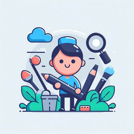 Vector illustration of cartoon character in flat line design style. Cute boy holding a pencil and magnifying glass.のイラスト素材