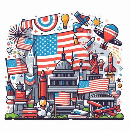 Vector illustration of United states of America symbols and elements in doodle styleのイラスト素材