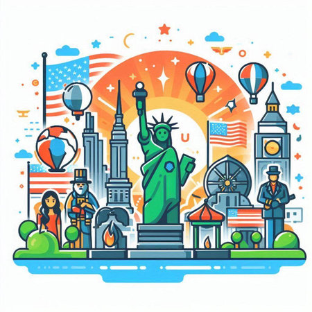 Statue of liberty and USA symbols. Vector illustration in line art styleのイラスト素材