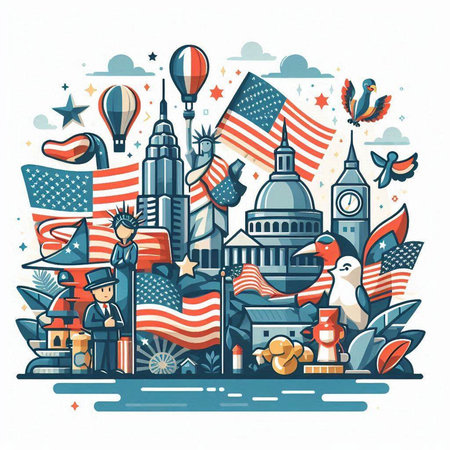 Vector illustration of United States of America symbols and elements in doodle style.のイラスト素材