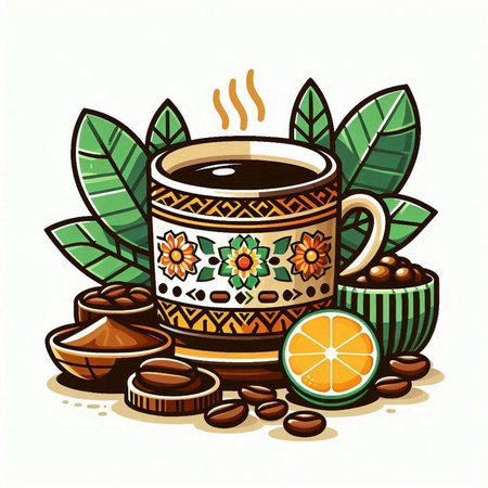 Coffee cup with coffee beans, orange and mint leaves.のイラスト素材