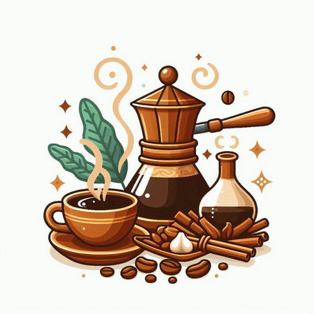 Coffee cup, coffee beans, cinnamon and turkish coffee maker. Vector illustrationのイラスト素材