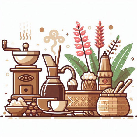 Coffee set. Hand drawn vector illustration in flat style.のイラスト素材