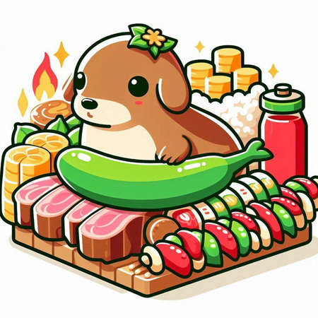 Illustration of a Cute Dog Laying on a Sushi Rollのイラスト素材