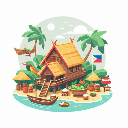 Bungalows on the island. Indonesia. Vector illustration.のイラスト素材