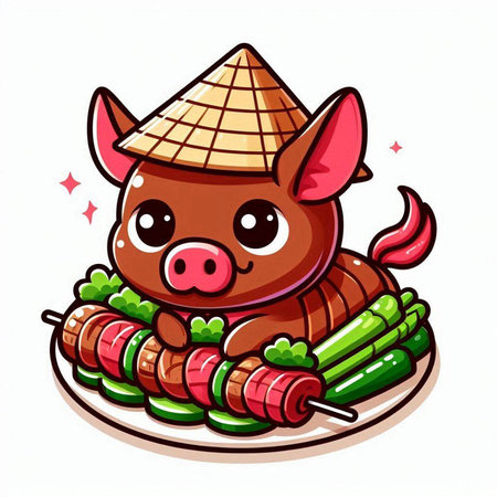 Illustration of a Cute Pig with Sausage and Vegetablesのイラスト素材