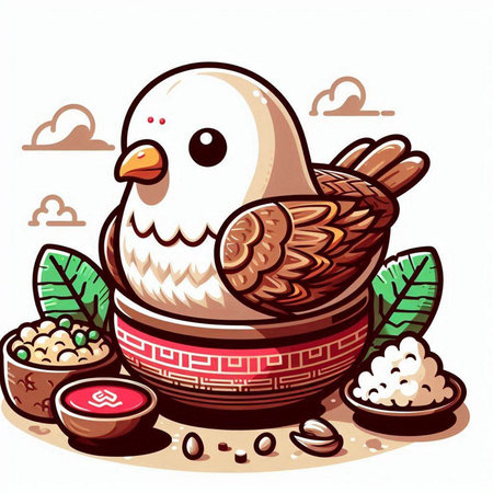 Vector illustration of a chicken in a bowl with soy sauce and soybeansのイラスト素材