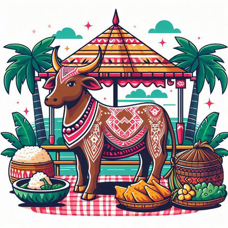 Illustration of a cow on a background of palm trees, coconut and riceのイラスト素材