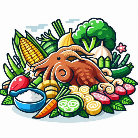 Illustration of Octopus and Vegetables on White Background,Vectorのイラスト素材