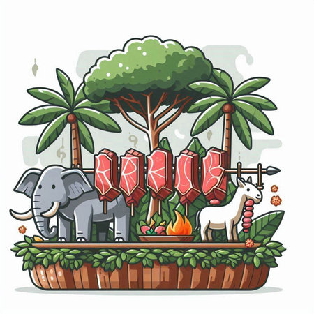 Lanterns with elephants and palm tree. Vector illustration.のイラスト素材