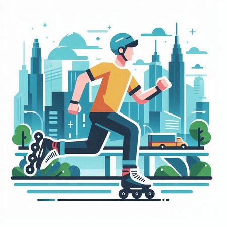 Man riding roller skates in the city, flat vector illustration.のイラスト素材