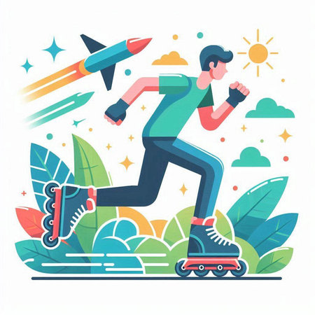 Man riding on roller skates in the park. Flat vector illustration.のイラスト素材