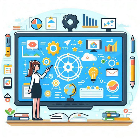 Business woman drawing business strategy on computer screen. Vector illustration in flat styleのイラスト素材