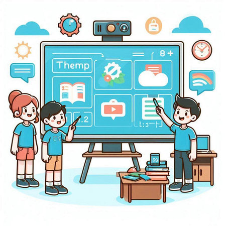 Teacher and students with a computer on the whiteboard. Vector illustration.のイラスト素材