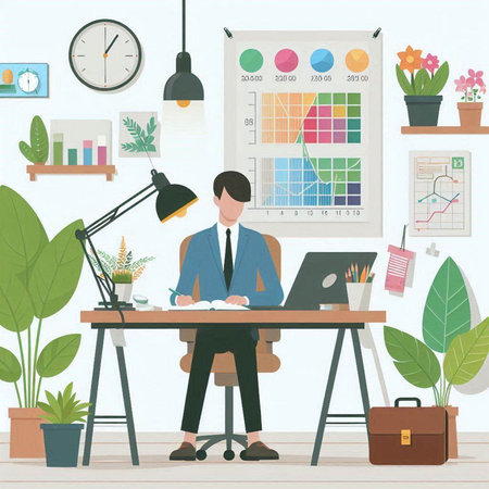 Businessman working at his desk in the office. Vector illustration.のイラスト素材