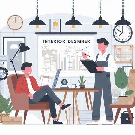 Interior Design Office Flat Vector Illustration. Businessman, Architect, Designer, Engineer, Architect at Workplace. Creative Occupation, Occupationのイラスト素材