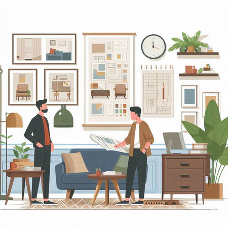 Interior of living room with furniture and man reading newspaper vector illustrationのイラスト素材