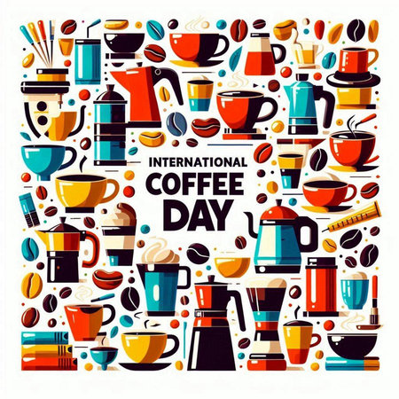International Coffee Day poster with coffee cups and coffee beans. Vector illustrationのイラスト素材