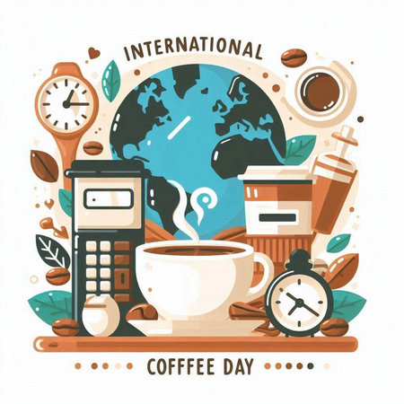 Coffee day poster with world map, coffee cup, calculator and alarm clock. Vector illustration.のイラスト素材