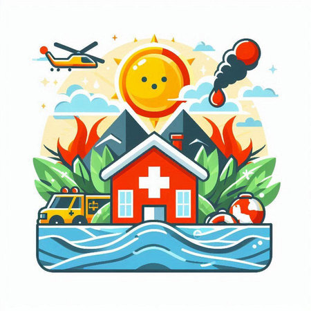 Vector illustration of disaster in flat design. Fire, ambulance and helicopter on the background of the sea.のイラスト素材