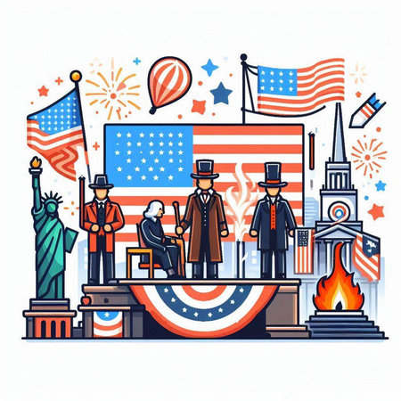 Patriotic composition with Statue of Liberty, Statue of Liberty and American flags. Vector illustration.のイラスト素材