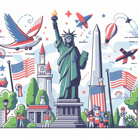 Statue of Liberty with USA symbols. Flat design vector illustration.のイラスト素材