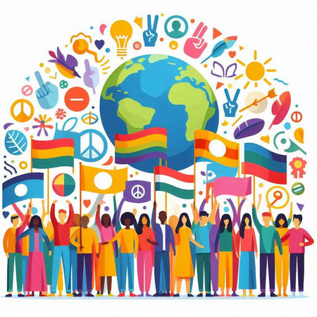 Group of people with flags and symbols of the world. Vector illustration.のイラスト素材