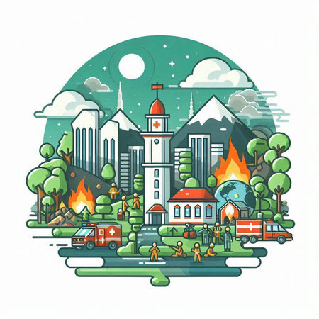 Flames in the city. Firefighters fighting a fire. Vector illustrationのイラスト素材