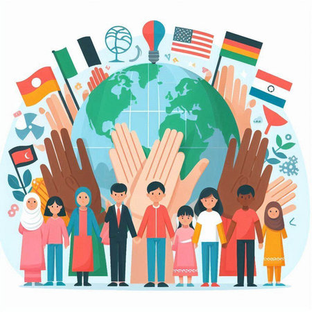 People of different nationalities and religions around the globe. The concept of peace and solidarity. Vector illustration.のイラスト素材