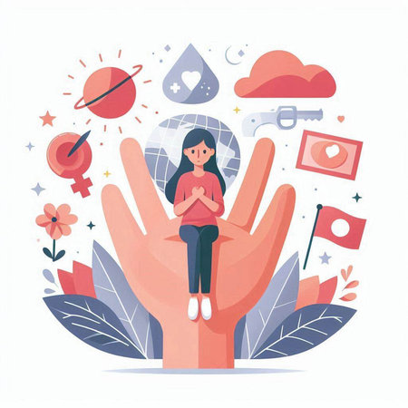 Hand holding a girl sitting in the palm of her hand. Vector illustrationのイラスト素材