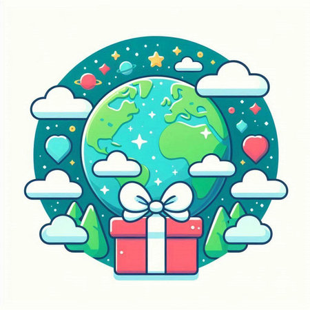 Gift box with globe and clouds. Vector illustration in flat style.のイラスト素材