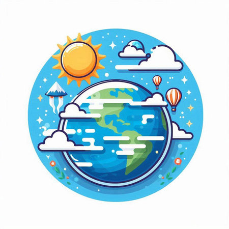 Vector illustration of flat earth day concept. Icon of planet with sun, clouds and sky.のイラスト素材