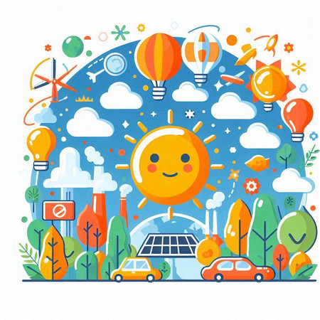 Vector illustration of solar panel, sun, wind turbine, solar cell, wind turbine, solar car, eco friendly concept.のイラスト素材