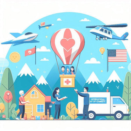 Flat vector illustration of people flying in hot air balloon with heart.のイラスト素材