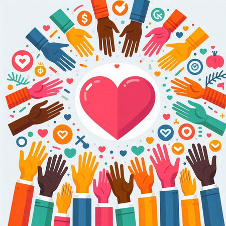 Human hands and heart. Vector illustration in flat style. Design for banner, poster or print.のイラスト素材