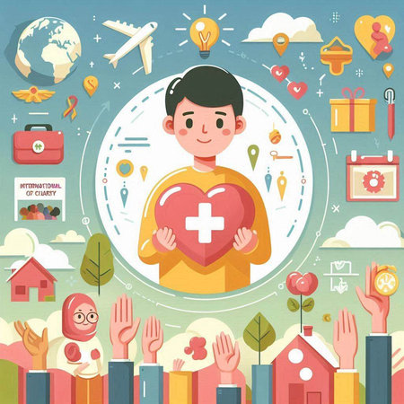 Vector illustration of a boy with a heart in his hands. The concept of charity, donation, love and care.のイラスト素材