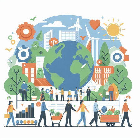 Ecology concept with people working together. Vector illustration in flat styleのイラスト素材