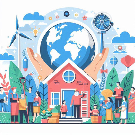 Flat design concept of eco friendly house and people, vector illustrationのイラスト素材