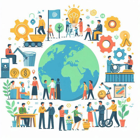 Global business concept. People working in the office. Vector illustration.のイラスト素材