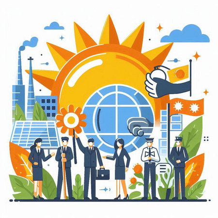 Vector illustration of business people with solar panels and sun. Green energy concept.のイラスト素材