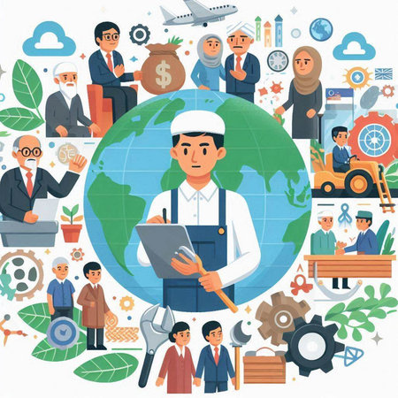 Flat design vector illustration concept of business people working around the world.のイラスト素材