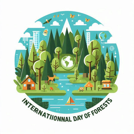 Welcome to the world. Vector illustration of a forest, lake, mountains, houses, trees, birds and bees.のイラスト素材