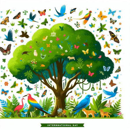 Ecology tree with colorful birds and butterflies. Vector illustration for your designのイラスト素材