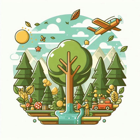Vector illustration of a forest landscape with trees, mountains and airplanes.のイラスト素材