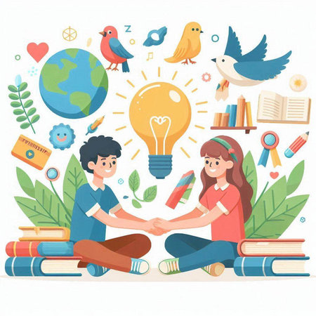 Couple of students sitting on the floor and holding hands with lightbulb, books and birds around them. Flat design vector illustration.のイラスト素材
