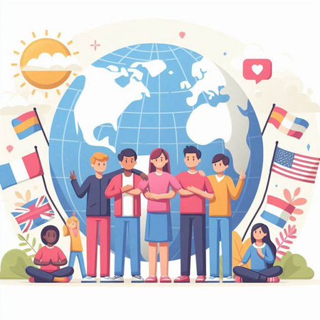 People with flags on the background of the globe. Vector illustration.のイラスト素材
