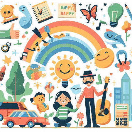 Vector illustration of happy family with children in flat style. Happy family concept.のイラスト素材