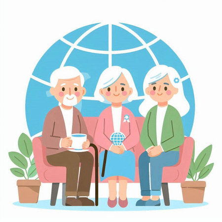 Elderly people sitting in armchairs and drinking tea. Vector illustration.のイラスト素材