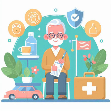 Elderly man in a medical office. Vector illustration in flat styleのイラスト素材