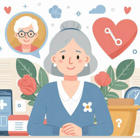 Elderly woman with health care related icons. Vector illustration.のイラスト素材